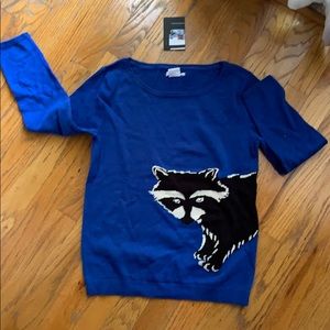 Fun, light sweater in blue with raccoon.